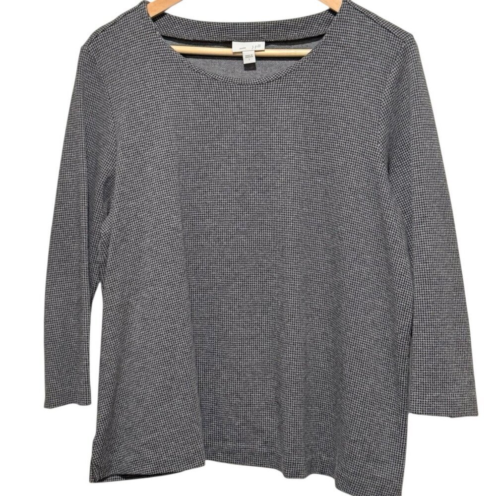 J Jill Ponte Womens Large Gray Black Houndstooth 3/4 Sleeve Knit Pullover Top - Picture 2 of 9